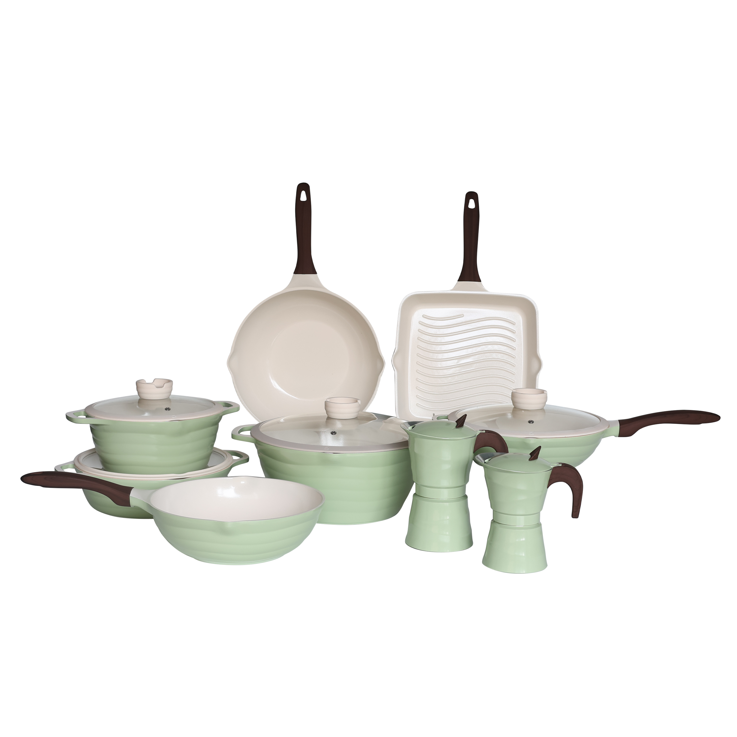 Light green cookware set displaying pots, pans, grill pan, and glass lids with brown handles
