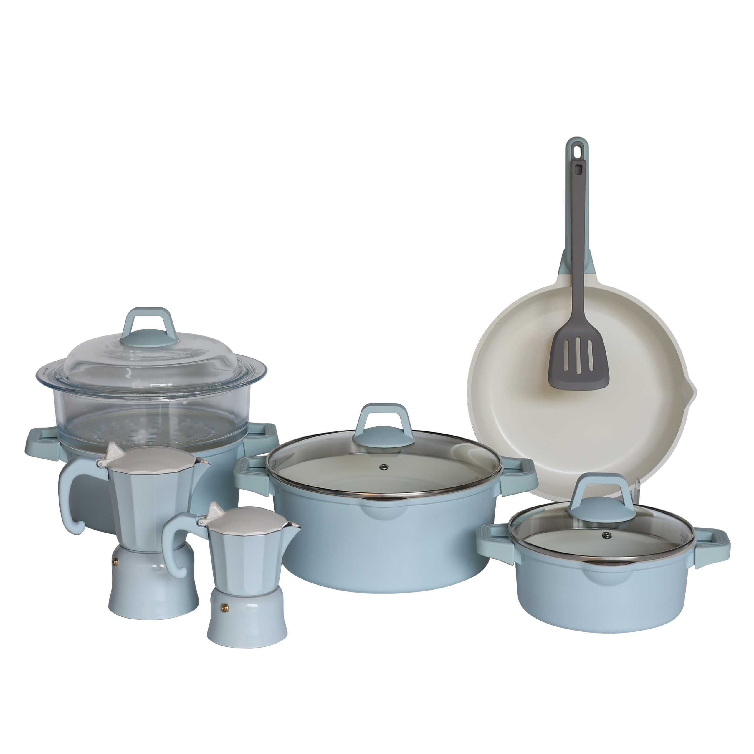 Light blue aluminum cookware set featuring multiple pots with glass lids, two-handle design, frying pan, and slotted spatula