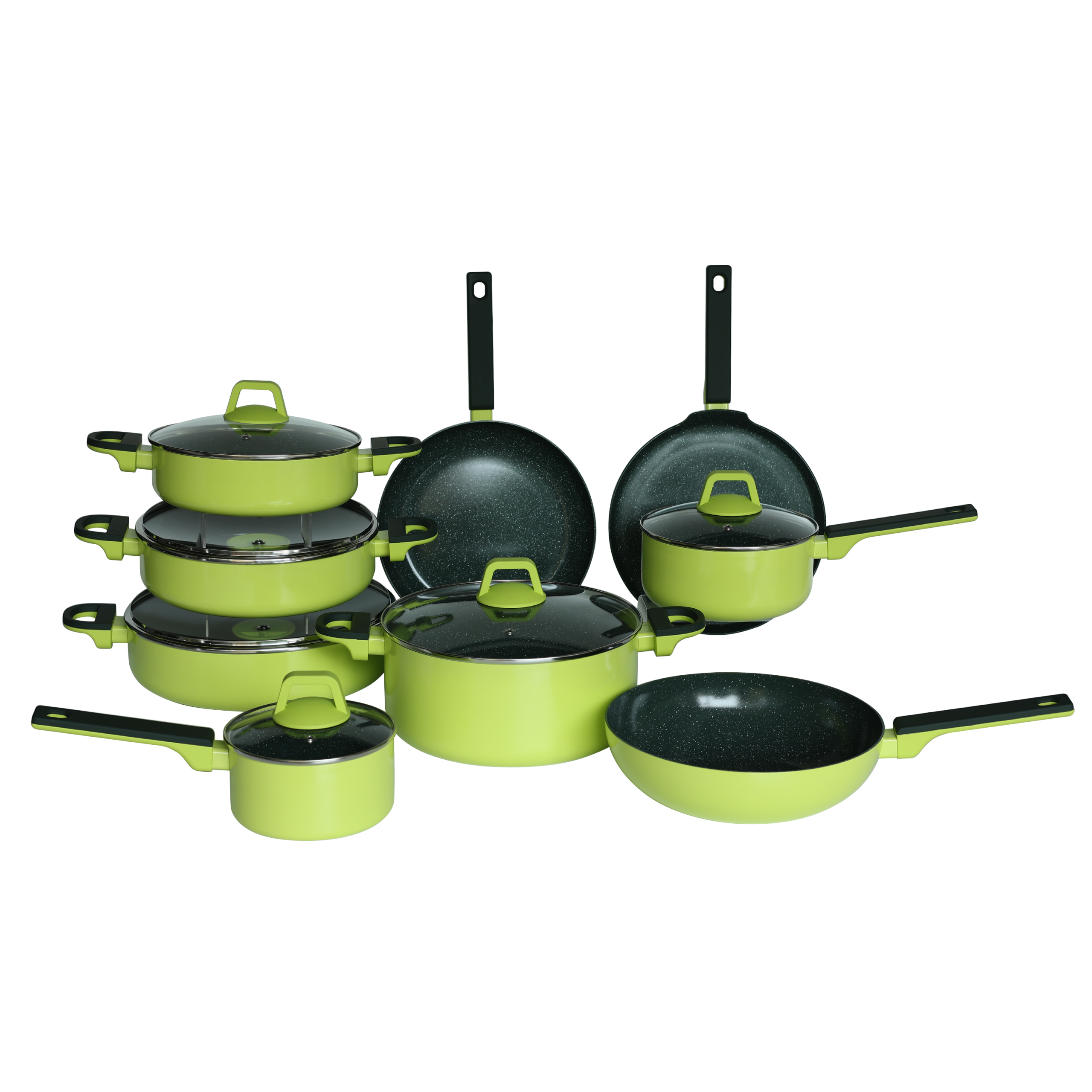 Lime green aluminum cookware set with dark non-stick cooking surfaces, glass lids, and black handles arranged in graduated si