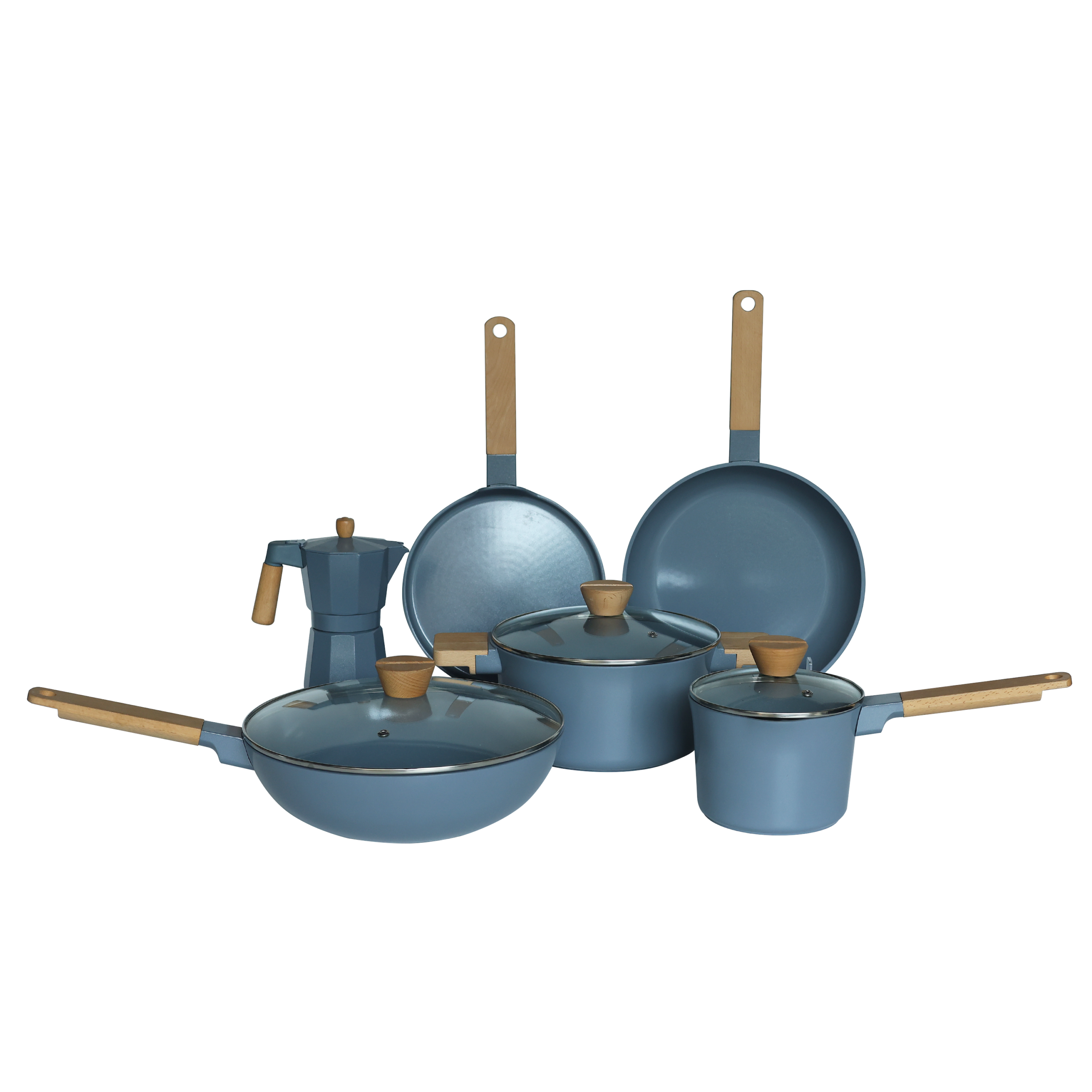 Slate blue aluminum cookware set with two frying pans, two pots with glass lids, moka pot, and wooden handles with blue ferru
